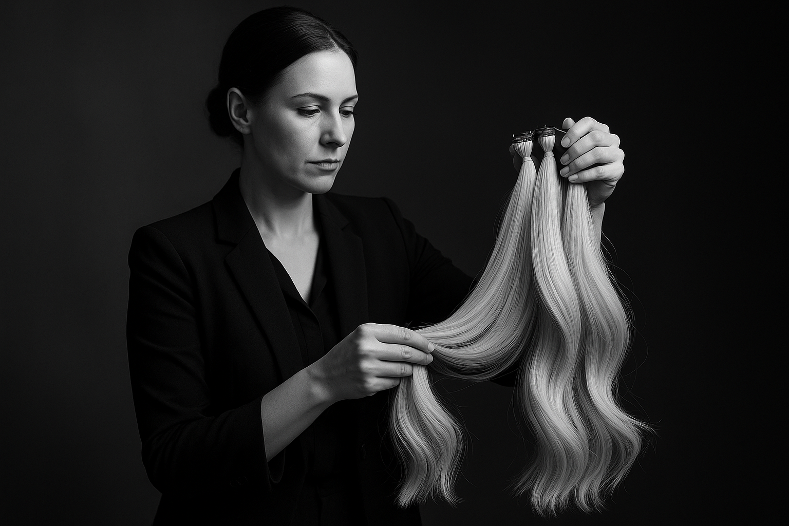 hairstylist holding hair extensions. black & white background
