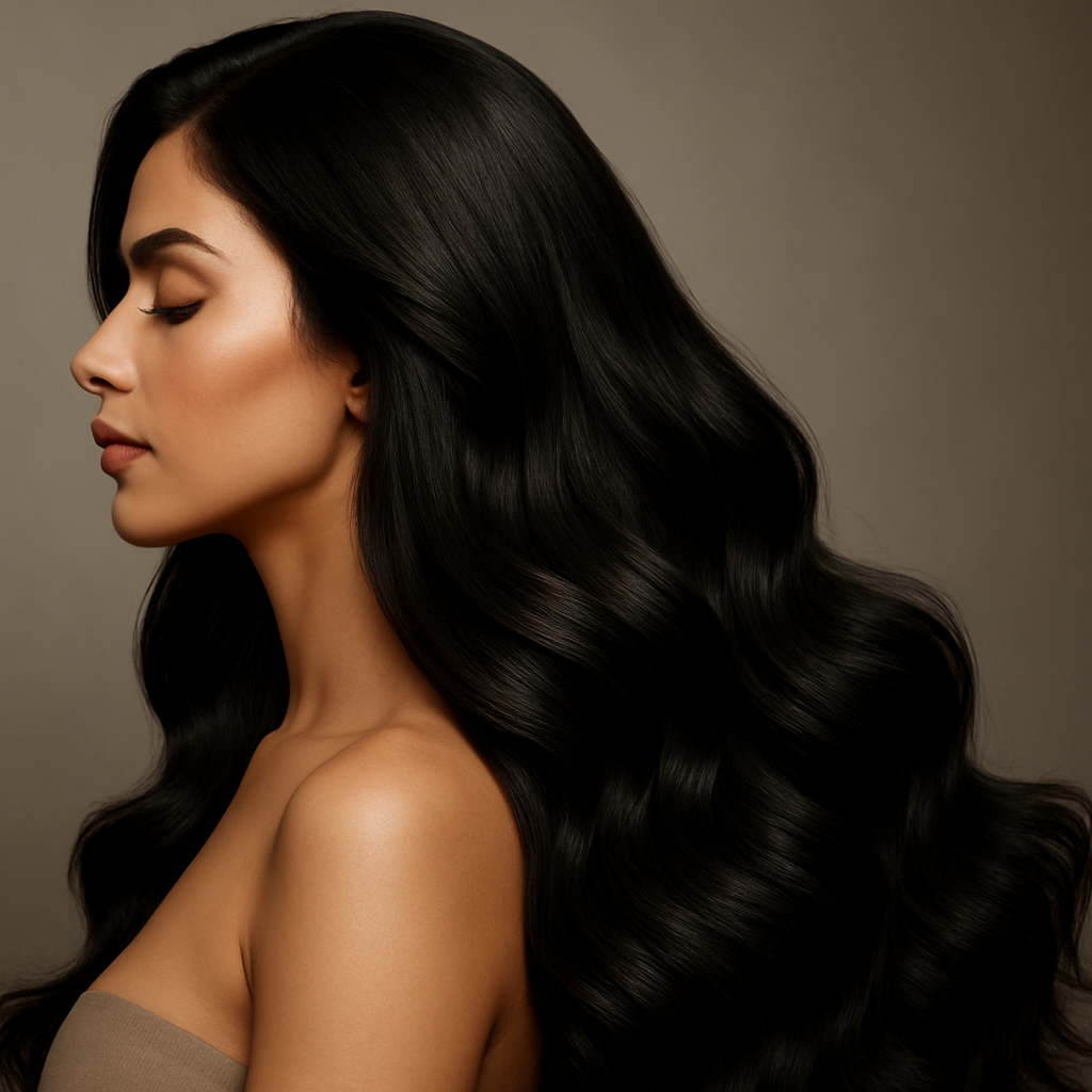 off black hair extensions with a pretty model showing her side profile with long voluminous hair