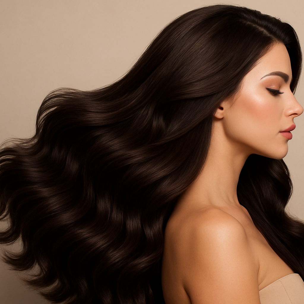pretty model with dark brown hair extensions showing her side profile. she has long voluminous hair